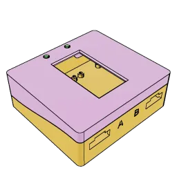 A rectangular case in two halves, with a window cutout on top. The top half is pink, and the bottom half is yellow. The geometry is outlined in thin black lines.