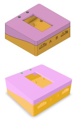 A comparison of two views of the same plastic case with a window, internal standoffs, and connector holes. The top view is isometric, outlined, and isn't trying to be photorealistic. The bottom view has perspective, isn't outlined, and the materials look more complicated. The bottom view is so evenly lit that it's difficult to ascertain detail.