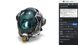 model-viewer rendering a detailed, futuristic helmet. It looks realistic.