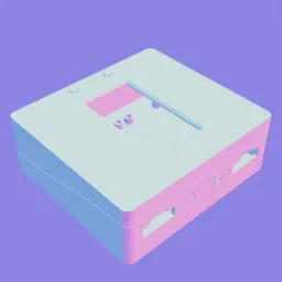 A rendering of a rectangular case, in a muted pinks, blues, and greens, against a blue background. The colors are super cool.