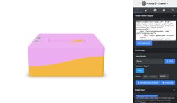 A screenshot of model-viewer's editor showing the plastic case from the side with similar colors as the CAD view, but slightly different than the version exported through FBX. The right side of the editor shows controls and sample HTML.