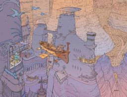 Illustration by Mœbius of a fantastical cityscape in the desert, drawn with fine black lines and even coloring. Large, rounded structures in soft purple hues fill the foreground, adorned with windows and balconies. A golden airship floats between the buildings. Cliffs rise in the background, and the ground is covered in rocks and scrub.