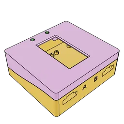 A rectangular case, with a pink top and a yellow bottom, two buttons, and a cutout that reveals internal standoffs. Most edges are outlined in a thin black line.